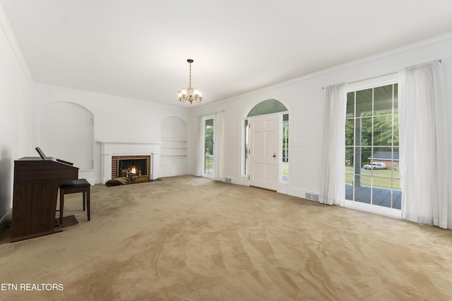 living room featuring crown molding, plenty of natural light, and light colored carpet