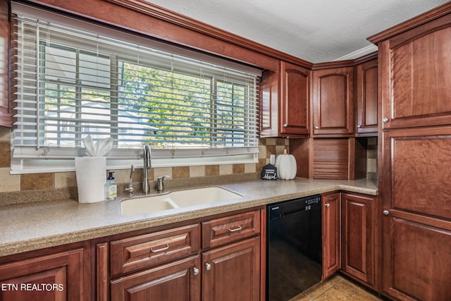 kitchen featuring light tile patterned floors, sink, a textured ceiling, dishwasher, and crown molding