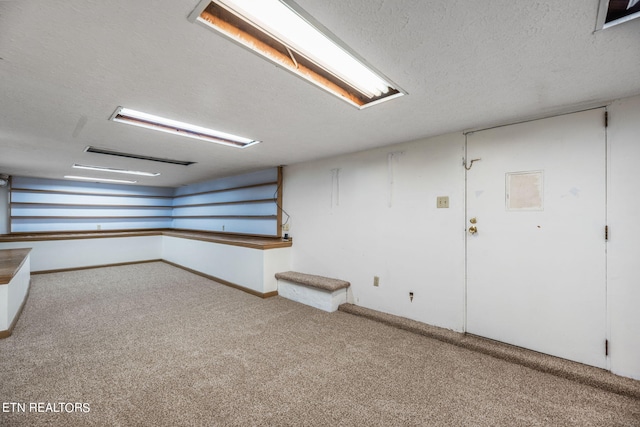 basement featuring carpet and a textured ceiling