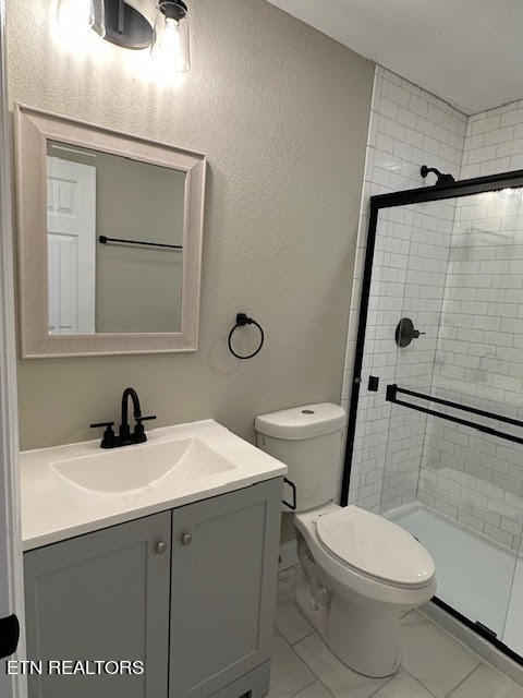 bathroom featuring vanity, toilet, and a shower with door