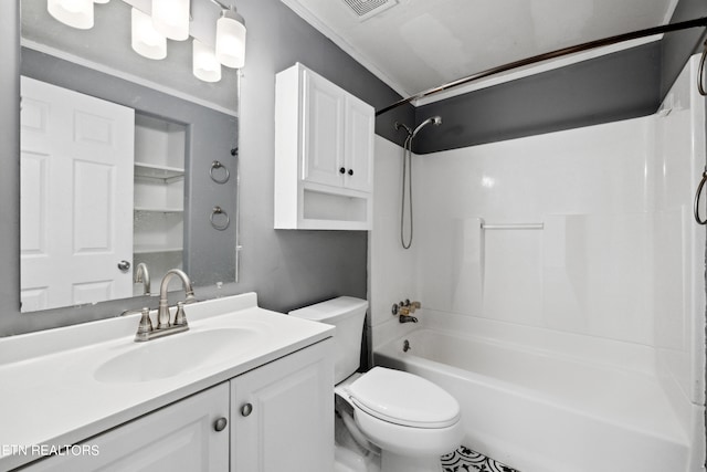 full bathroom with crown molding, shower / bath combination, vanity, and toilet