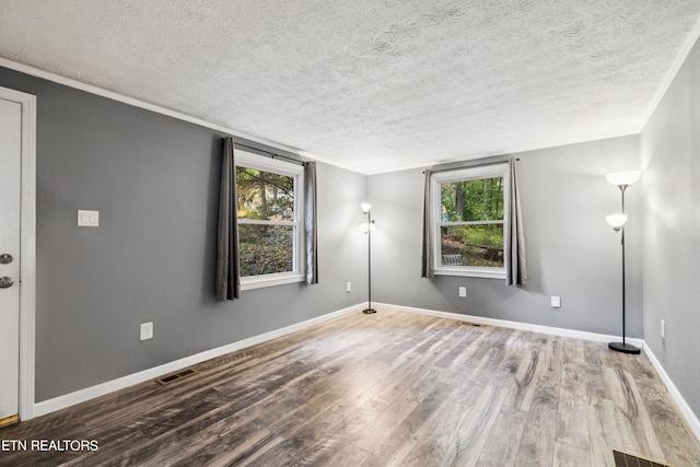 empty room with a textured ceiling and wood-type flooring