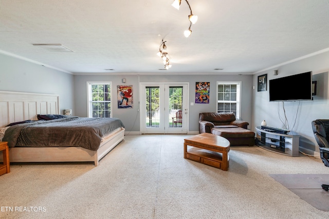 carpeted bedroom featuring french doors, a textured ceiling, access to outside, and crown molding