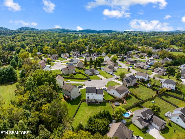 drone / aerial view featuring a mountain view