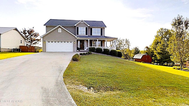 view of front of home featuring a porch, a front lawn, and central air condition unit