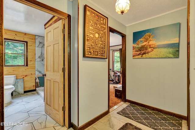 corridor with a textured ceiling, a healthy amount of sunlight, and wooden walls