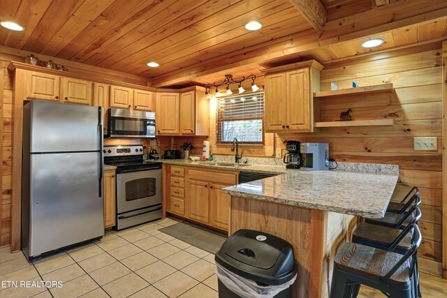 kitchen featuring light tile patterned flooring, sink, kitchen peninsula, stainless steel appliances, and wooden ceiling