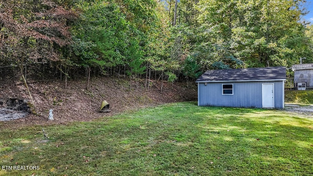 view of yard featuring a storage shed