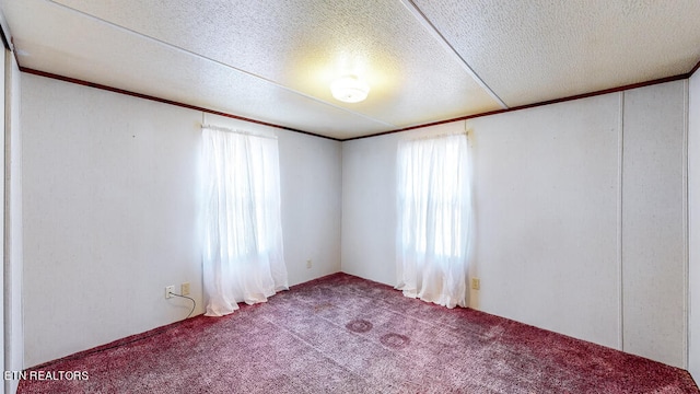 carpeted empty room with a textured ceiling and ornamental molding