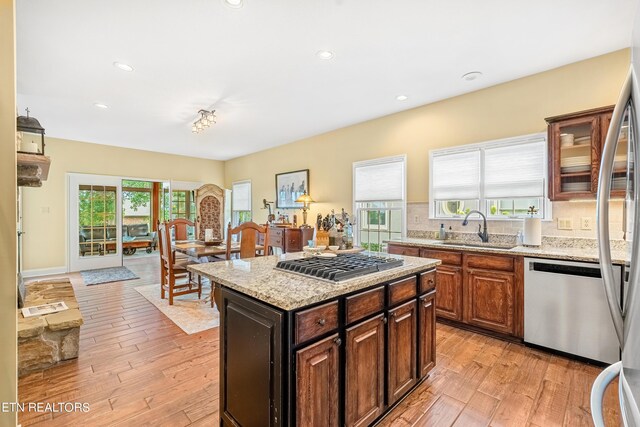 kitchen featuring light hardwood / wood-style flooring, stainless steel appliances, a healthy amount of sunlight, and sink