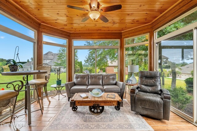 sunroom / solarium featuring wood ceiling, ceiling fan, and plenty of natural light