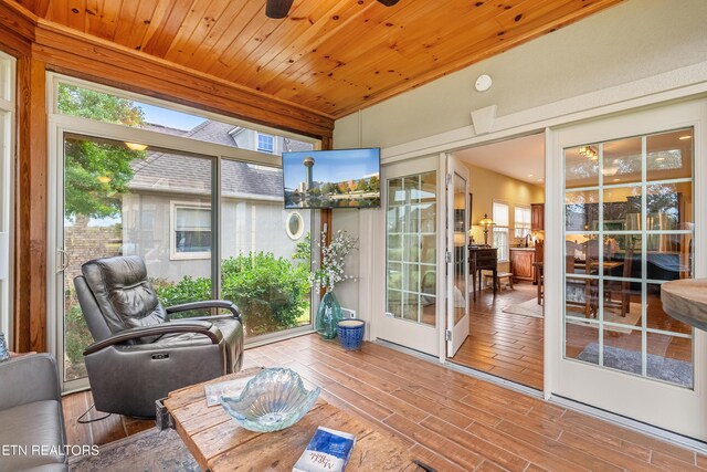 sunroom featuring wooden ceiling and a healthy amount of sunlight