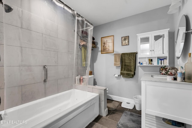 bathroom with vanity, plus walk in shower, and tile patterned floors