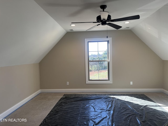 bonus room featuring carpet flooring, ceiling fan, and lofted ceiling