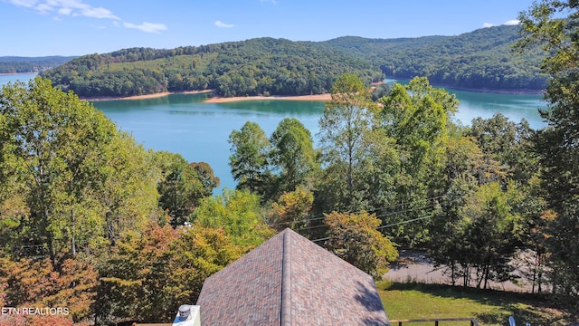 aerial view featuring a water and mountain view