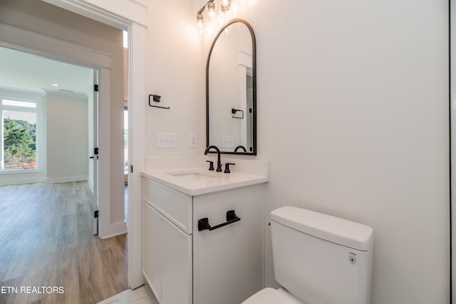 half bathroom with baseboards, toilet, wood finished floors, and vanity