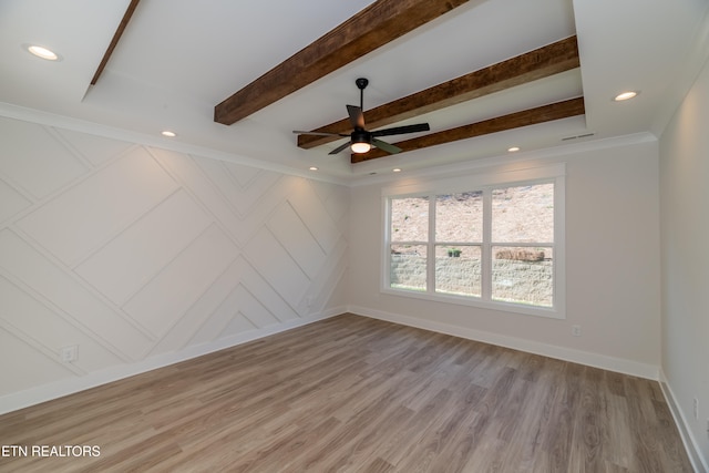 spare room with beamed ceiling, recessed lighting, light wood-type flooring, and baseboards