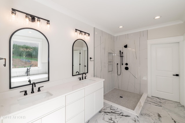 full bath with a sink, a marble finish shower, and marble finish floor