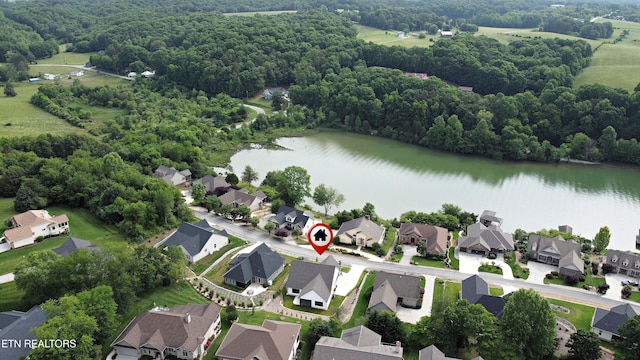 aerial view of residential area with a large body of water and a heavily wooded area