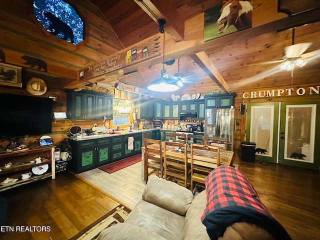 living room with hardwood / wood-style flooring, wood ceiling, and lofted ceiling with beams