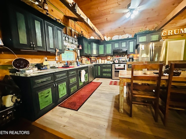 kitchen featuring light hardwood / wood-style floors, vaulted ceiling, appliances with stainless steel finishes, ceiling fan, and wooden ceiling