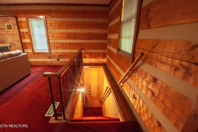 staircase featuring wooden walls and carpet