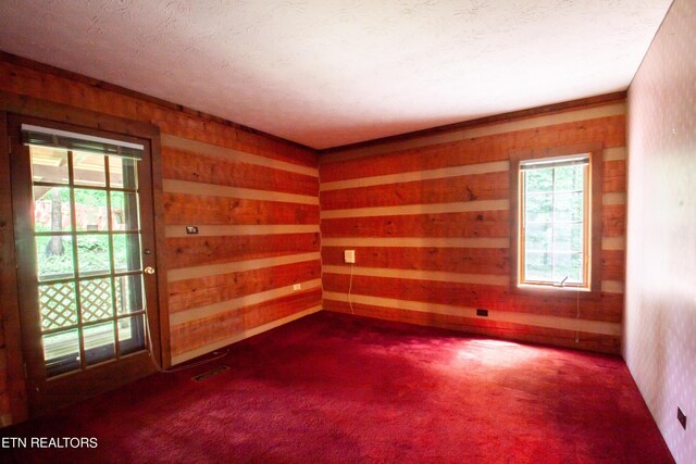 carpeted spare room with a textured ceiling and wooden walls