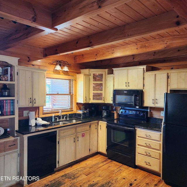 kitchen with sink, beam ceiling, black appliances, wooden ceiling, and light hardwood / wood-style floors