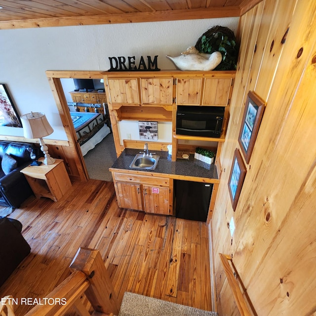 kitchen with hardwood / wood-style floors, sink, and wooden ceiling