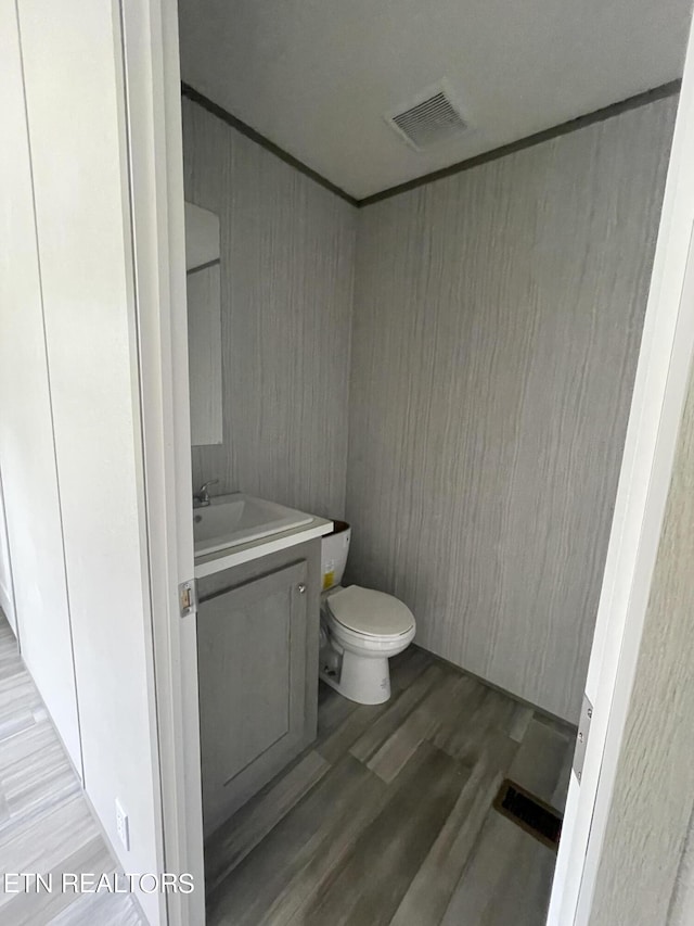 bathroom with wood-type flooring, vanity, and toilet