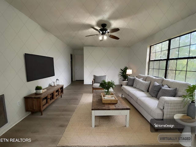 living room with ceiling fan