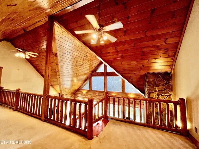 additional living space with wooden ceiling, carpet flooring, and ceiling fan