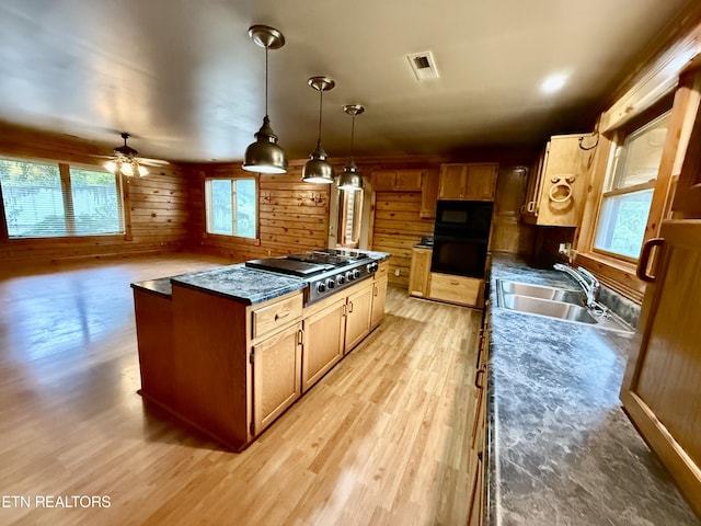 kitchen with plenty of natural light, wood walls, a sink, and black appliances
