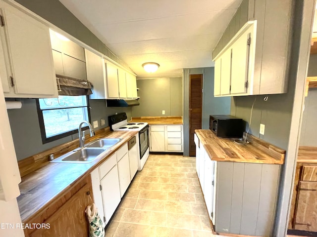 kitchen with white cabinetry, white range with electric cooktop, sink, and butcher block countertops