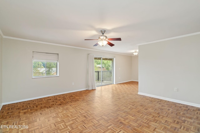 empty room featuring light parquet floors, ornamental molding, and ceiling fan