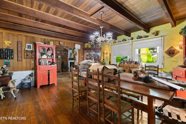 dining area featuring beam ceiling, a chandelier, wood ceiling, and wood-type flooring