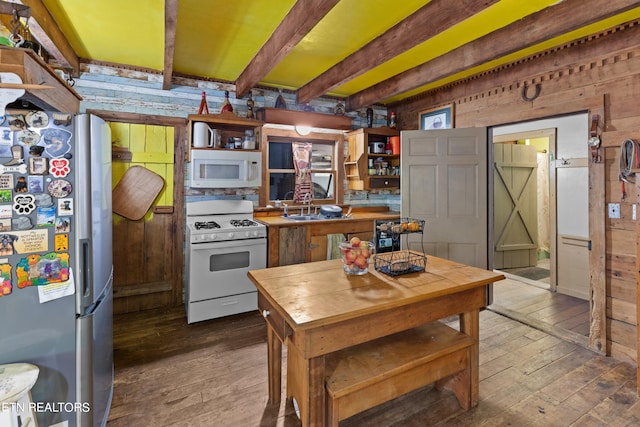 kitchen featuring beamed ceiling, white appliances, wooden counters, dark wood-type flooring, and open shelves