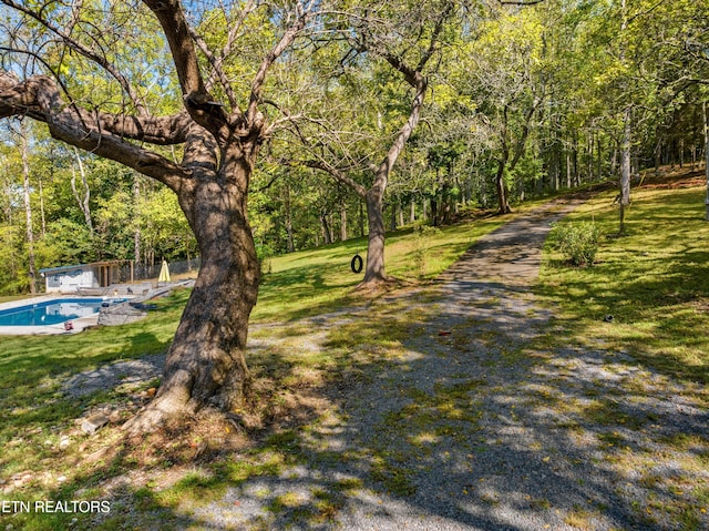 view of yard with an outdoor pool and a forest view