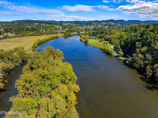 bird's eye view with a forest view and a water and mountain view