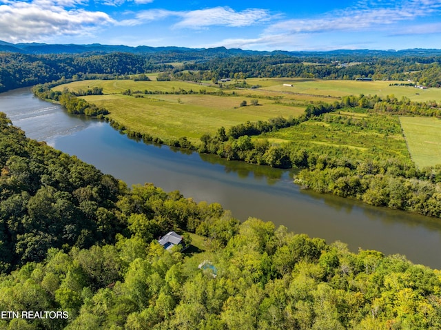 bird's eye view with a water and mountain view and a view of trees