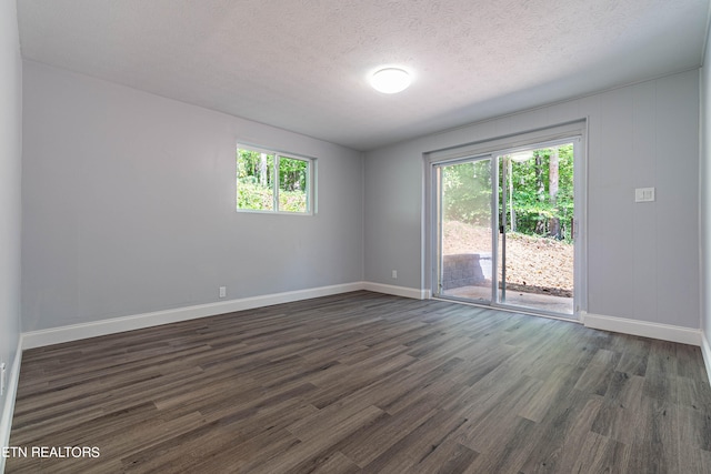 empty room featuring a textured ceiling, dark hardwood / wood-style flooring, and a wealth of natural light