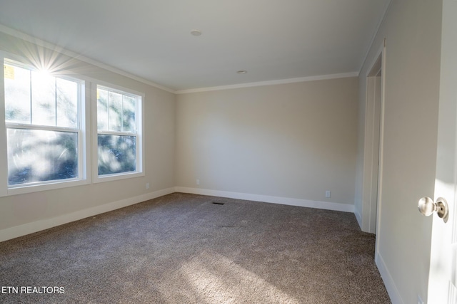 carpeted spare room with crown molding