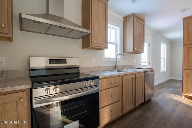 kitchen with appliances with stainless steel finishes, wall chimney exhaust hood, sink, dark hardwood / wood-style floors, and ornamental molding