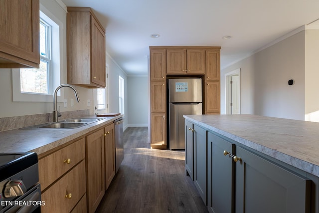 kitchen with sink, ornamental molding, dark wood-type flooring, and stainless steel appliances