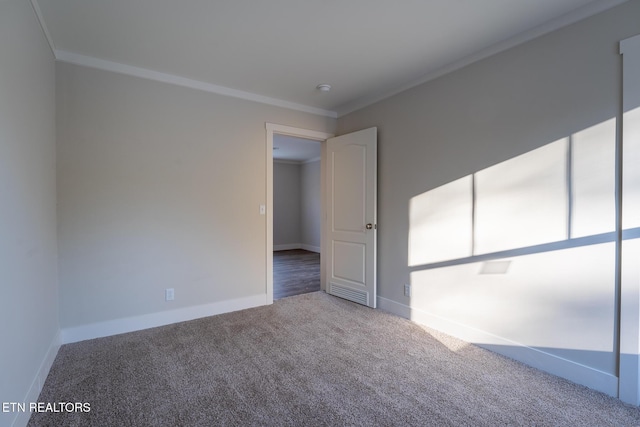 spare room featuring ornamental molding and carpet flooring