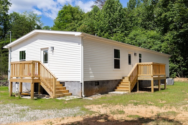 105 Highland Ave, Clinton, TN 37716 - back of house featuring stairway, crawl space, central air condition unit, and a wooden deck
