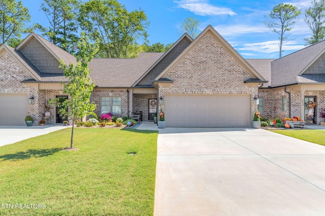 view of front of property with a garage and a front lawn