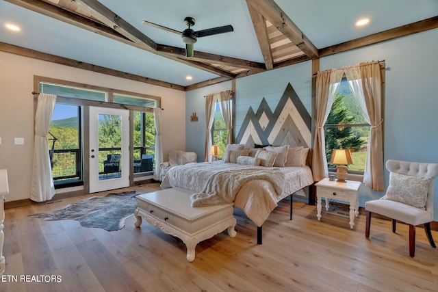 bedroom with light wood finished floors, access to exterior, beamed ceiling, and recessed lighting