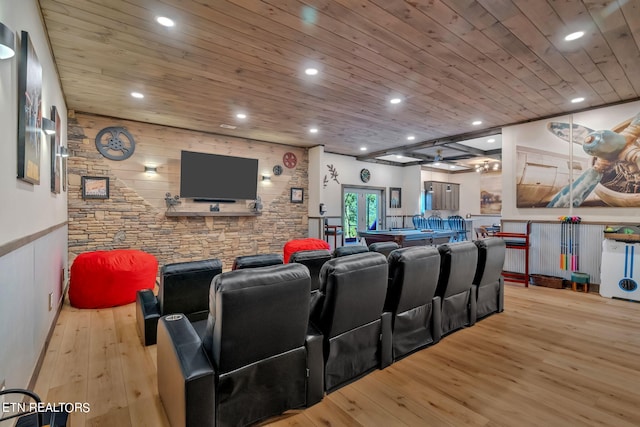 cinema room featuring wooden ceiling and light hardwood / wood-style flooring