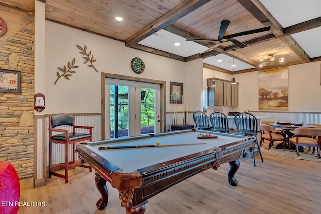 game room with pool table, ceiling fan, beam ceiling, light hardwood / wood-style flooring, and wood ceiling